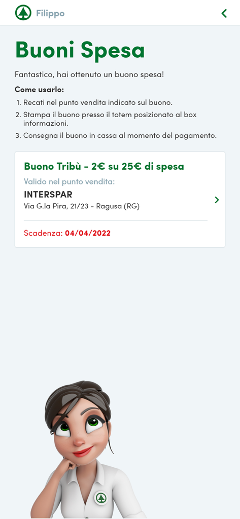Despar Sicilia - Despar Sicilia app showing a 2 euro grocery voucher and instructions for store use.