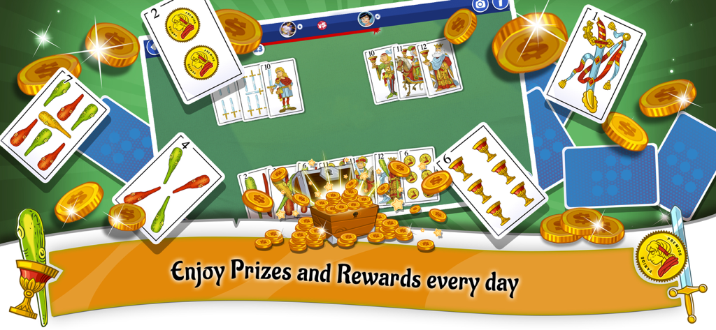 Chinchon Loco : Chat & Cards - Interface of Chinchon Loco card game showing Spanish deck cards and a treasure chest filled with gold coins for daily rewards.