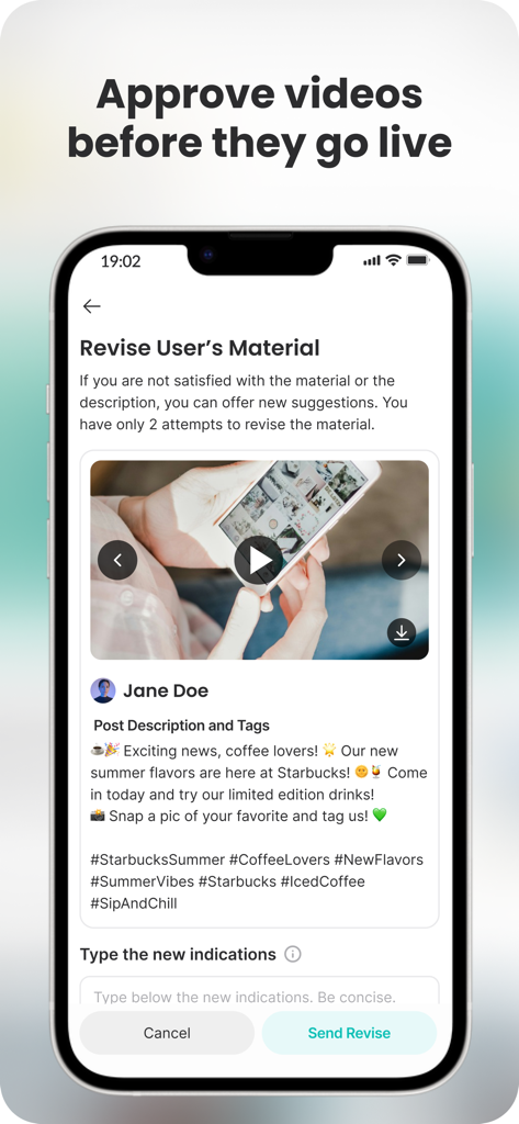 FameUp - Pantalla de la app FameUp mostrando a un propietario de negocio revisando y aprobando un video de influencer para una marca de café.