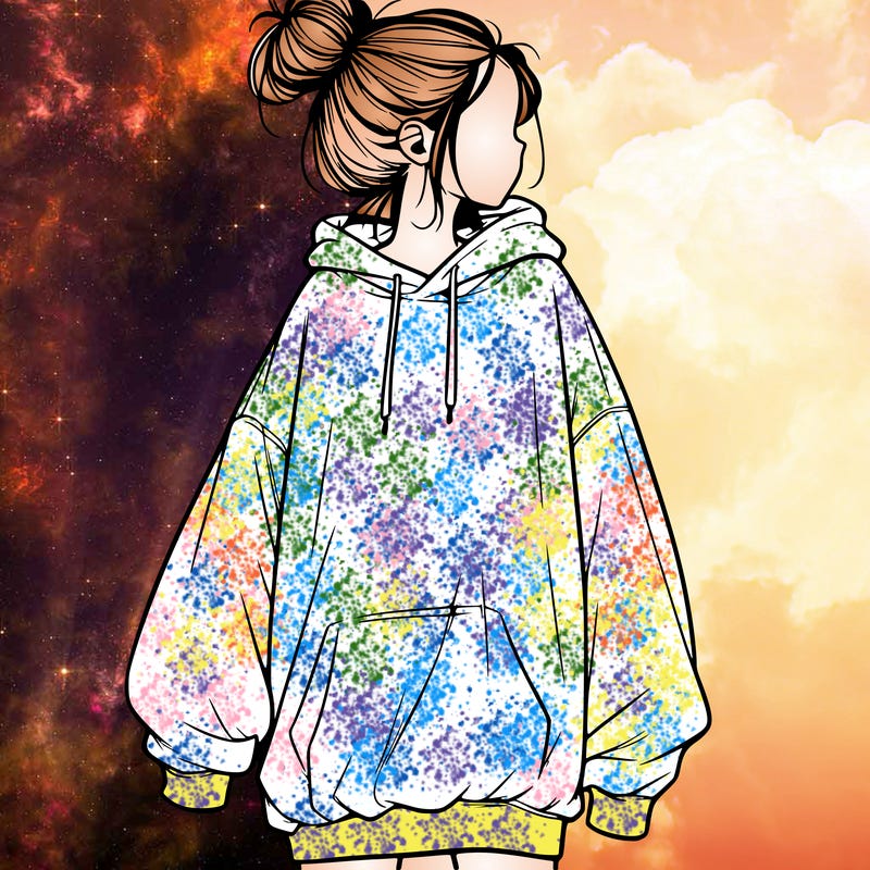 realistic girl with a oversized sweatshirt on and a bun