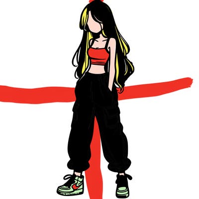 girl in baggy pants crop top and long hair