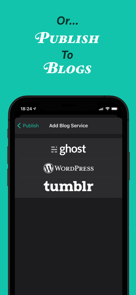 JotterPad - Novel, Screenplay - JotterPad 앱 인터페이스에서 Ghost WordPress 및 Tumblr 블로그 게시 옵션을 보여주는 중