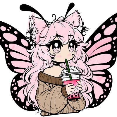 a realistic butterfly/furry girl drinking boba
