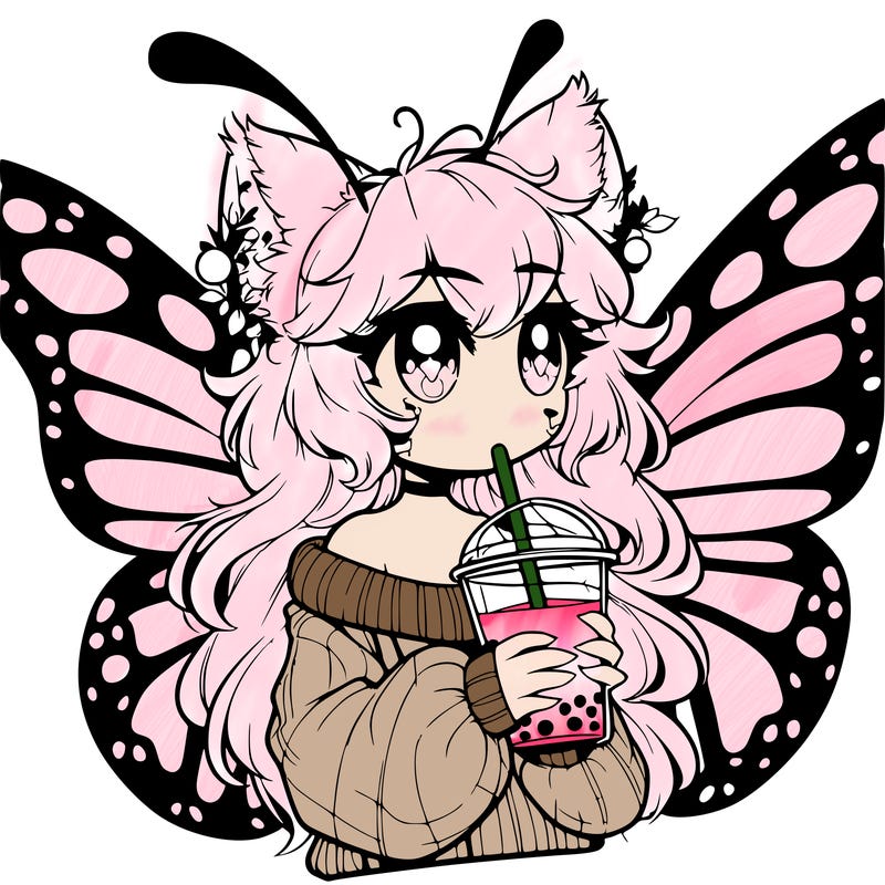 a realistic butterfly/furry girl drinking boba