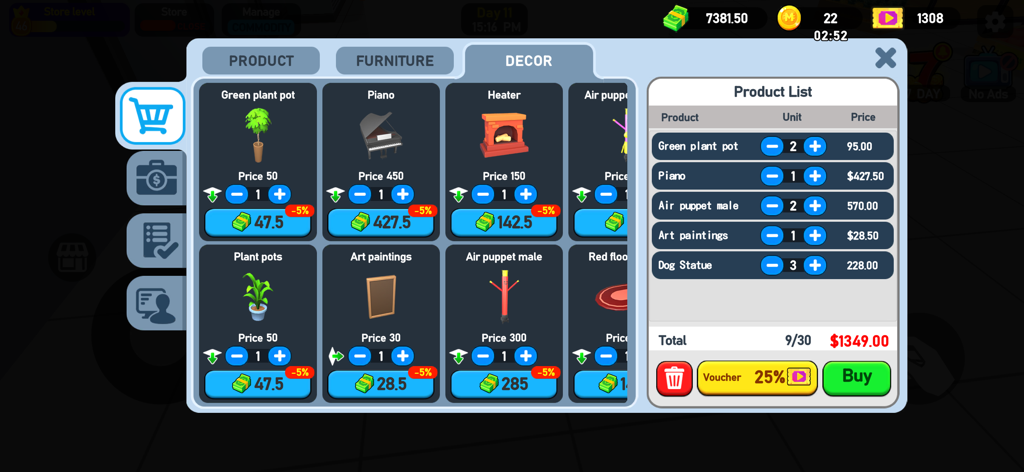 Supermarket Tycoon 3D in-game decor shop interface showing items like plants and paintings for store decoration