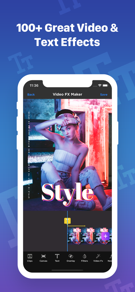 Video FX: Movie Clip Editor - Interfaz de edición de video que muestra elegantes superposiciones de texto y efectos de película creativos