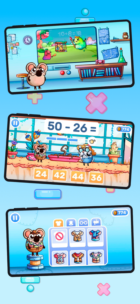 MathHero: Math Games for Kids - Screenshots of MathHero app showing subtraction problems and character customization for kids