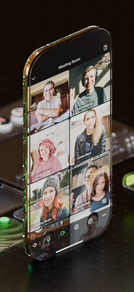 Roam Virtual Office - Aplicación móvil Roam Virtual Office mostrando una videollamada con varios miembros del equipo.