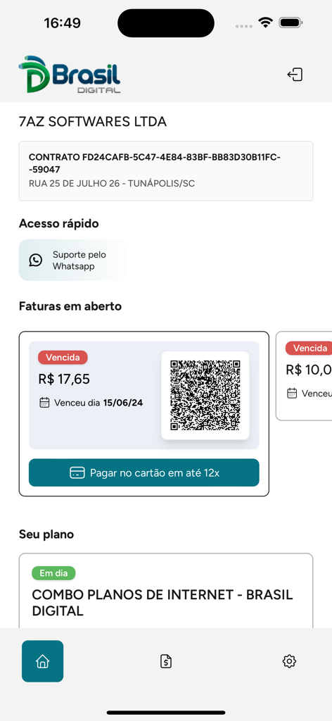 Brasil Digital Telecom - Brasil Digital Telecom app screen showing an overdue invoice with a QR code and credit card payment options