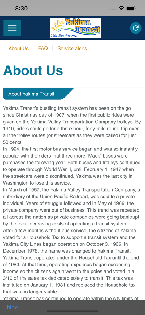 Yakima Transit - Capture d'écran de la page À propos de nous dans l'application Yakima Transit décrivant l'histoire du système de bus