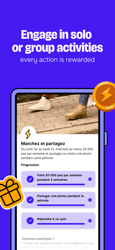 Interface de l'application United Heroes affichant un défi de marche avec progression de l'activité et icônes de récompense