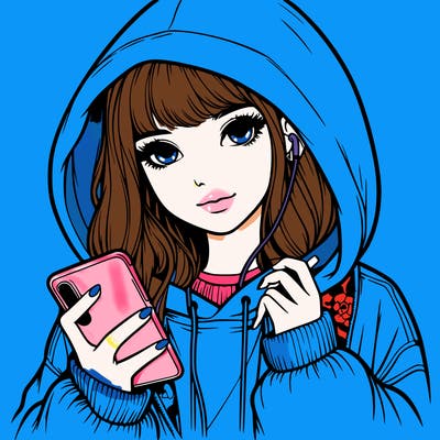 realistic girl with oversized hood and holding a phone