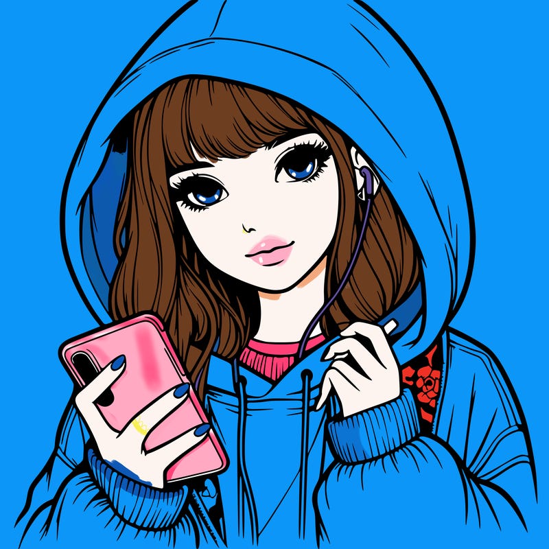 realistic girl with oversized hood and holding a phone