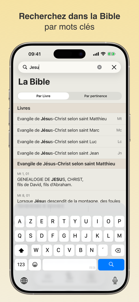 Interfaz de la aplicación Liturgie AELF mostrando los resultados de la búsqueda de la palabra Jesús en la Biblia Católica.