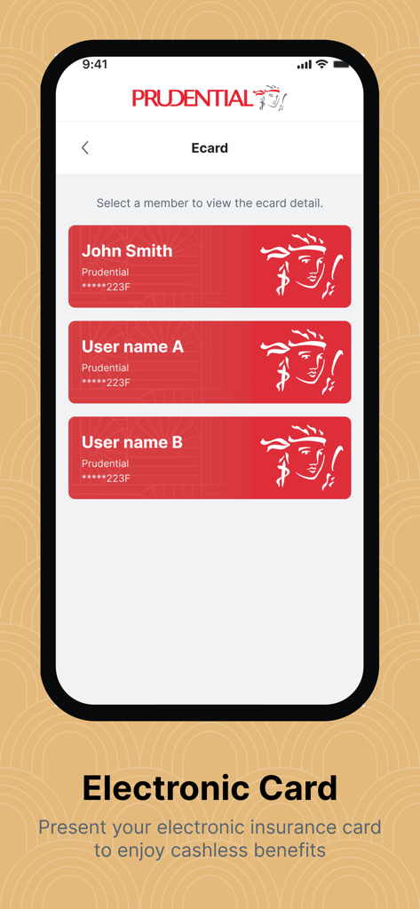 Tela do aplicativo móvel PRU E-Benefits mostrando cartões de seguro eletrônicos digitais para membros