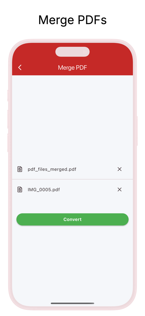 2つの選択されたファイルと変換ボタンが表示された、PDF結合機能のモバイルアプリインターフェース