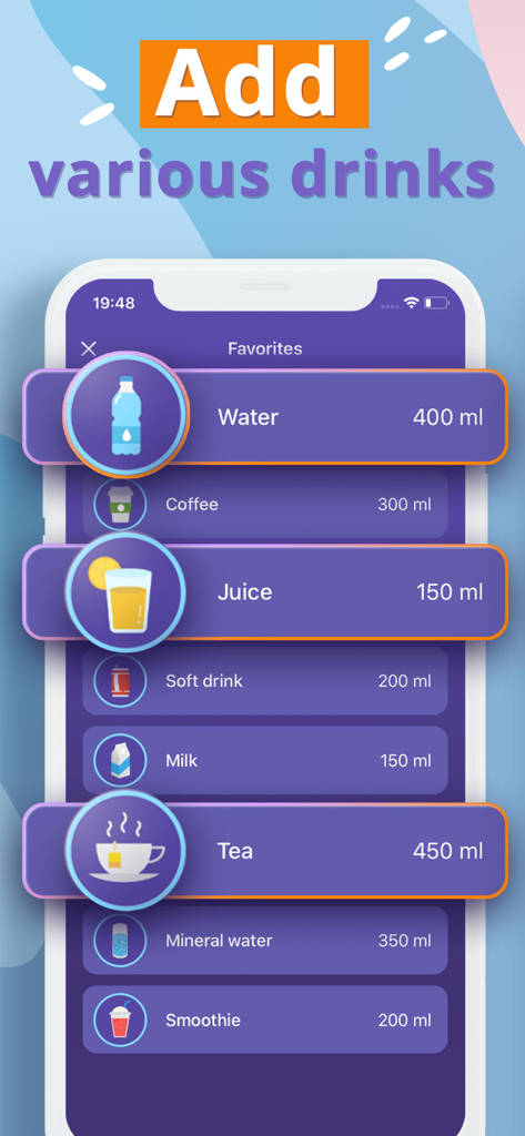 My Water - Daily Water Tracker - Interface of the My Water app showing a list of various drink options including water coffee juice and tea