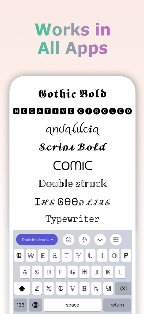 Uma captura de tela do aplicativo FontLab mostrando vários estilos de fonte decorativos e um teclado personalizado do iOS.