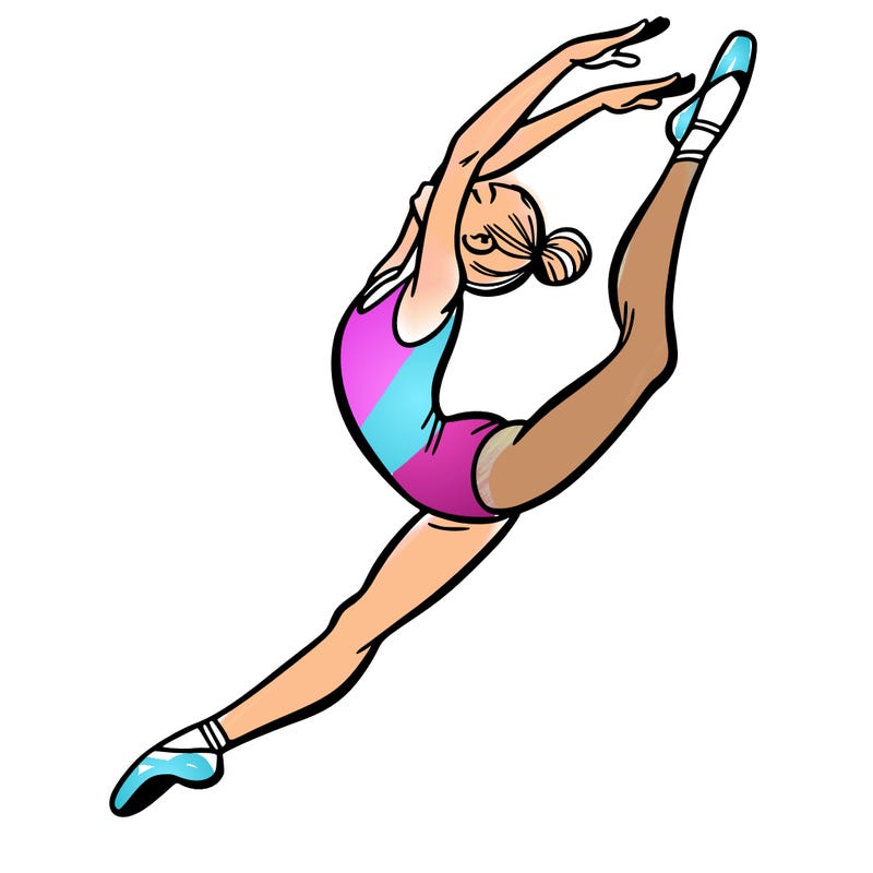 gymnast doing a leap in a leotard with a bent back leg