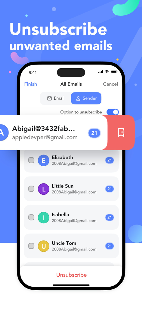 Interface de l'application Pure Master montrant une liste d'expéditeurs d'e-mails avec l'option de se désabonner et de nettoyer votre boîte aux lettres