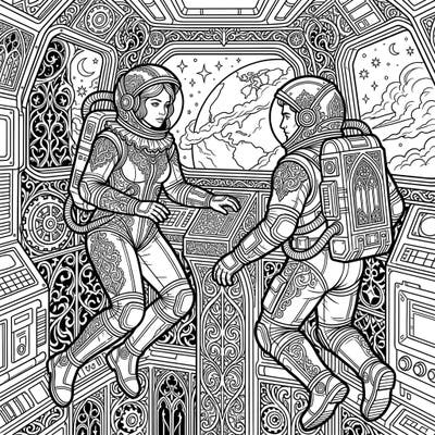 Embark on an extraordinary coloring journey with our Gothic ISS Astronauts template, merging space exploration with intricate dark aesthetics. Discover richly detailed suits and a mysterious spaceship interior, perfect for hours of creative relaxation.