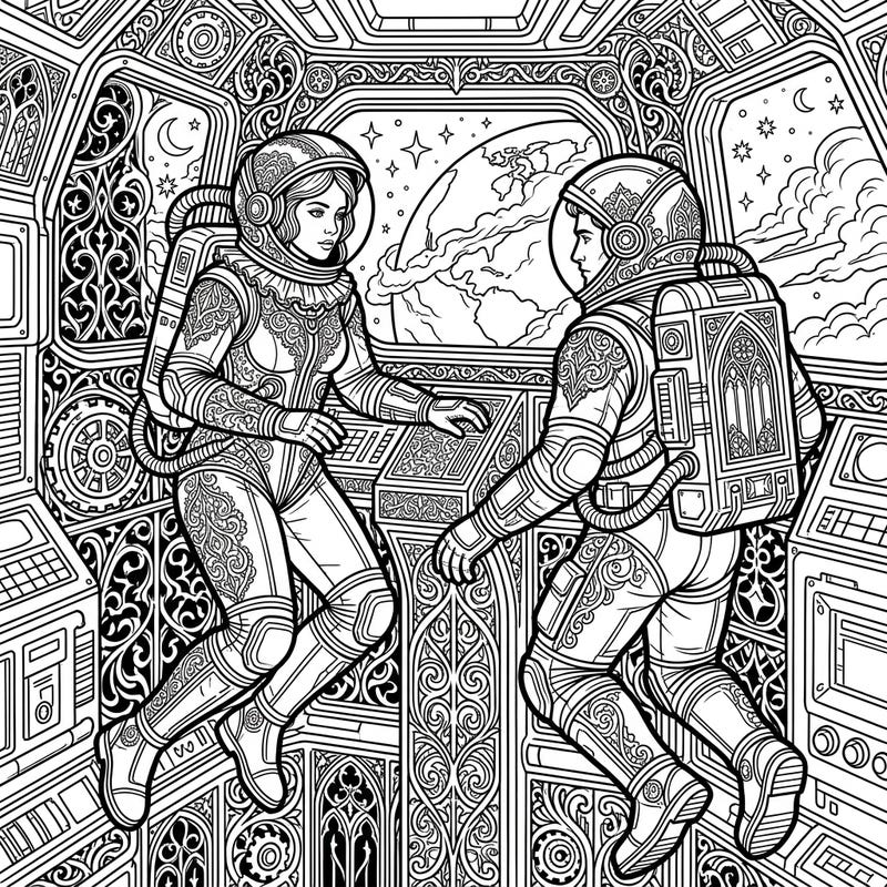 Embark on an extraordinary coloring journey with our Gothic ISS Astronauts template, merging space exploration with intricate dark aesthetics. Discover richly detailed suits and a mysterious spaceship interior, perfect for hours of creative relaxation.