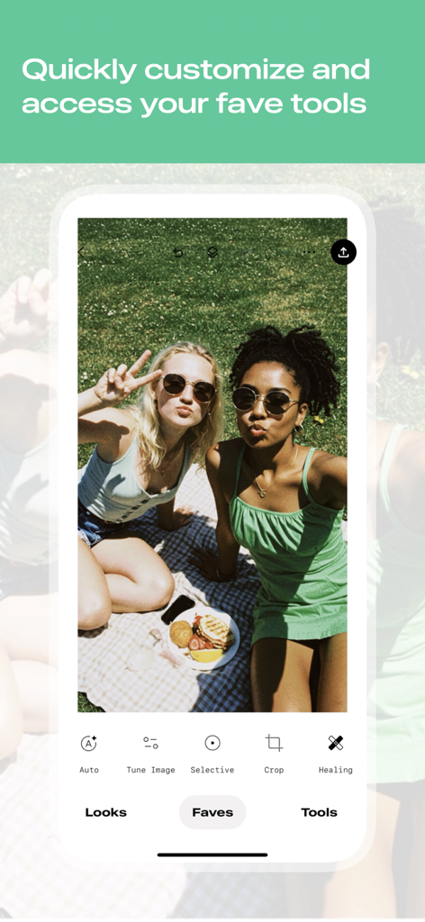 Tela do aplicativo móvel Snapseed mostrando uma foto de piquenique com o menu de ferramentas favoritas aberto