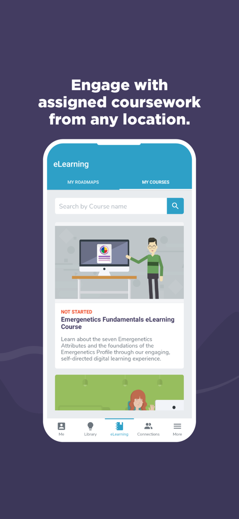 Emergenetics+ - A mobile app screen showing the eLearning section with professional development courses for Emergenetics