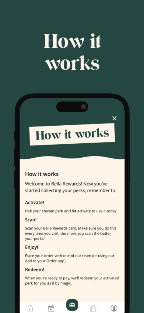 Screenshot of the Bella Italia app explaining how to activate, scan, and redeem loyalty rewards