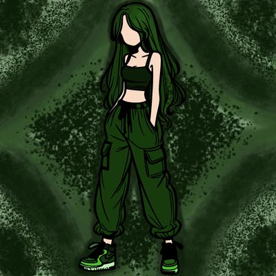 girl in baggy pants crop top and long hair