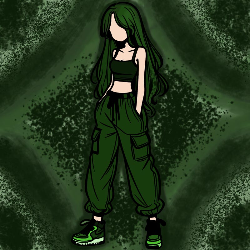 girl in baggy pants crop top and long hair