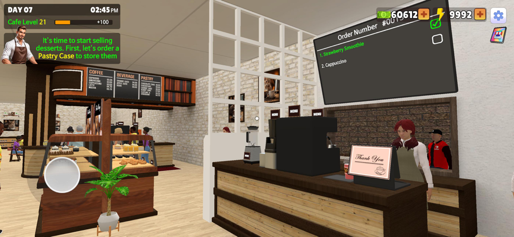My Cafe Simulator - Visão em primeira pessoa do balcão de uma cafeteria e tela de pedidos digital mostrando seleções de café e smoothies no My Cafe Simulator