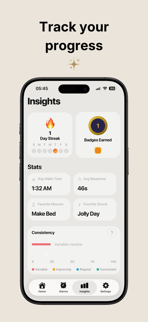 Wakz app insights screen showing morning routine progress and wake up stats