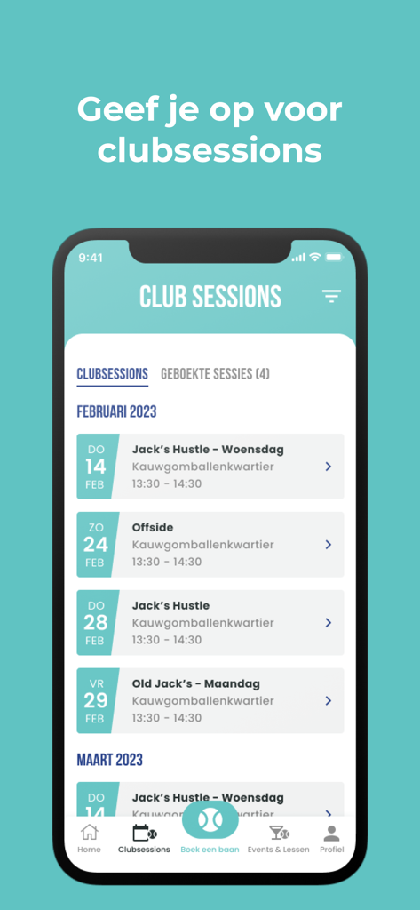 Peakz Padel - Mobile app screen showing a list of upcoming padel club sessions with dates and times for booking