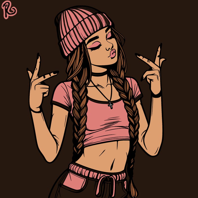 realistic teenage girl with braids and a beanie and crop top doing 🫶🏼
