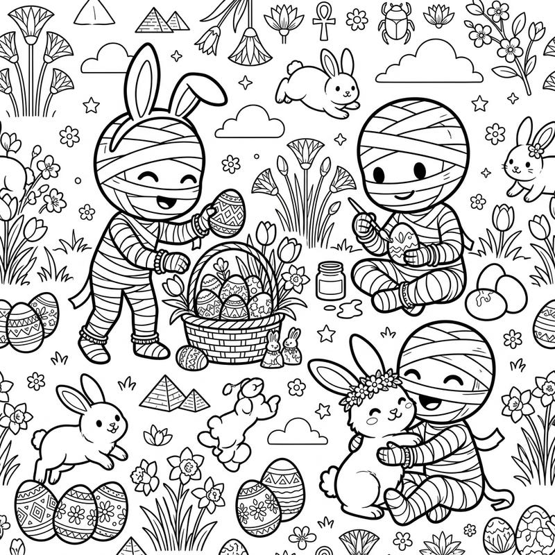Discover a hilariously unique Easter celebration with our Egyptian Mummies coloring page! Watch as cute, bandaged characters join cheerful bunnies and decorate eggs amidst ancient symbols and spring blossoms.