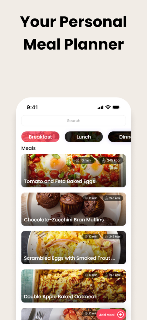 Pantalla del planificador de comidas personalizado que muestra recetas de desayuno saludables con recuentos de calorías y tiempos de preparación