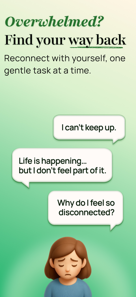noorish: reconnect with life - Noorish app interface addressing feelings of being overwhelmed and disconnected with a path to mindful reconnection