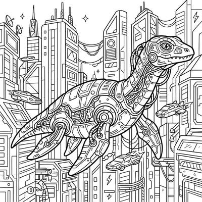 Explore a mesmerizing fusion of ancient and futuristic with our Cyberpunk Mauriciosaurus coloring page. This unique design features a robotic ichthyosaur soaring through a vibrant, high-tech cityscape, offering an exciting challenge for colorists of all ages.