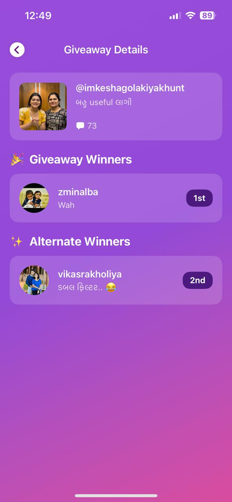 Epick - Comment Picker - Un écran de l'application Epick affichant les gagnants sélectionnés et les remplaçants avec leurs photos de profil