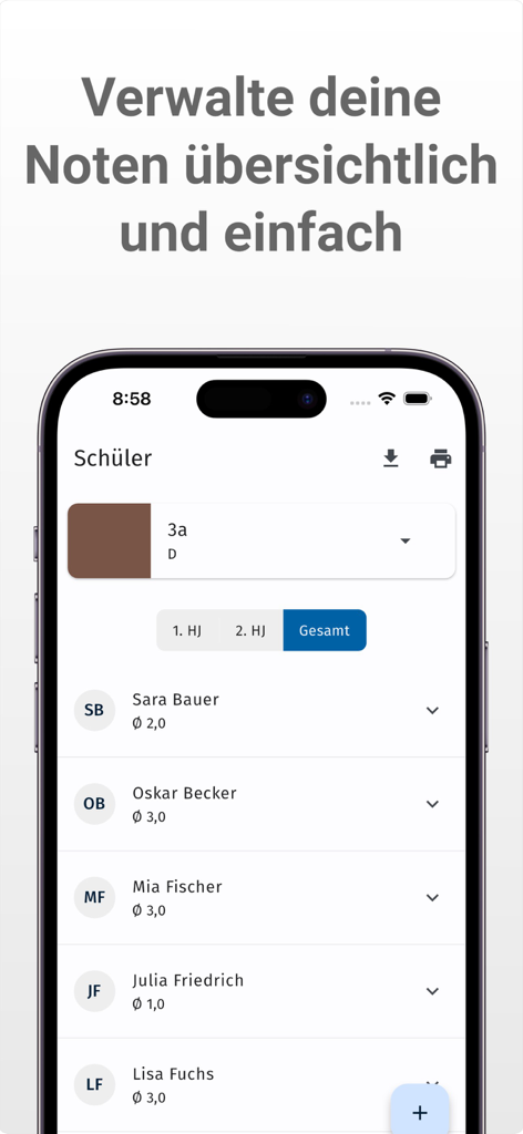 neno - A smartphone screen displaying the neno app student list and grade averages