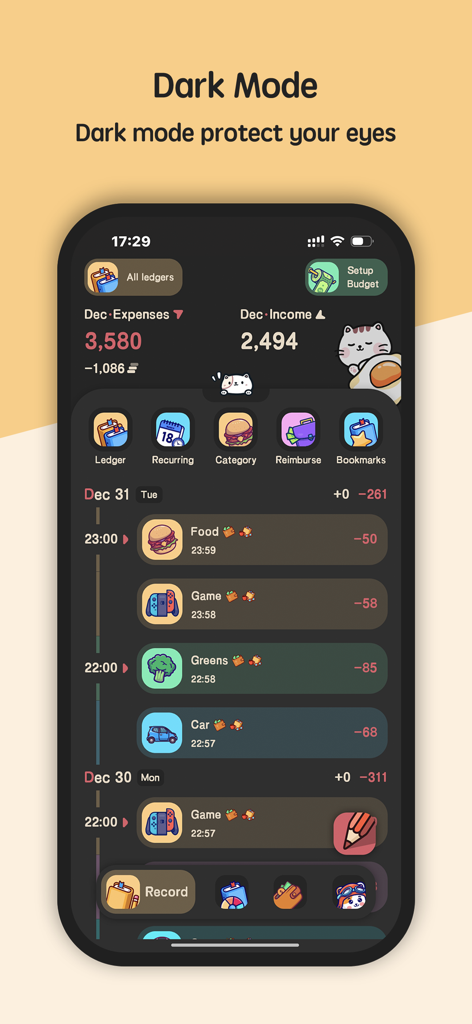 Meow Money Manager app interface showing the dark mode theme with cute icons and expense tracking.
