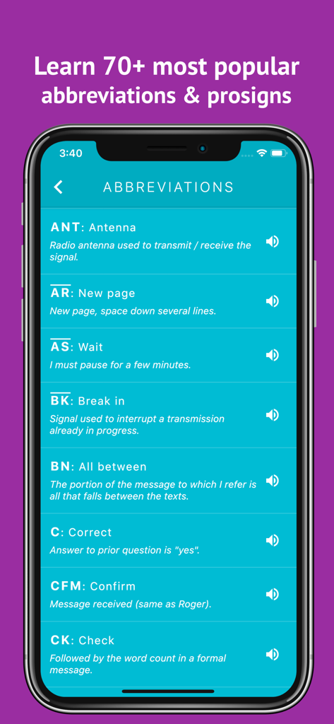 A list of common Morse code abbreviations and prosigns with their definitions in the app