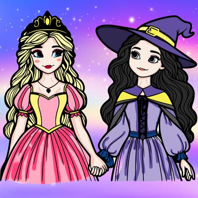 a princess and a witch holding hands realistic