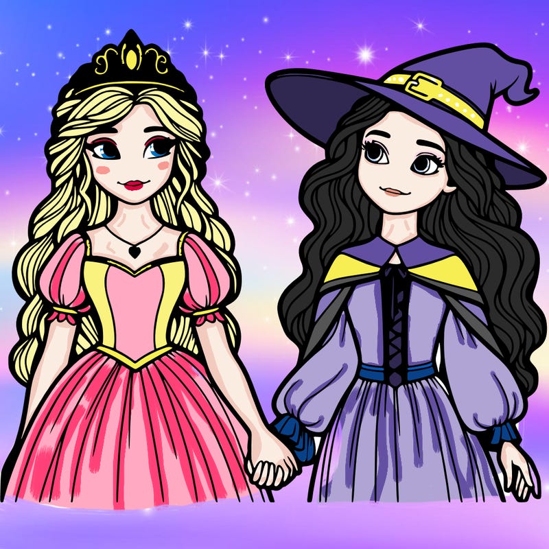 a princess and a witch holding hands realistic