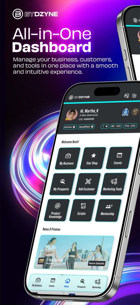 ByDzyne - ByDzyne mobile app interface showing the all in one business management dashboard and distributor profile