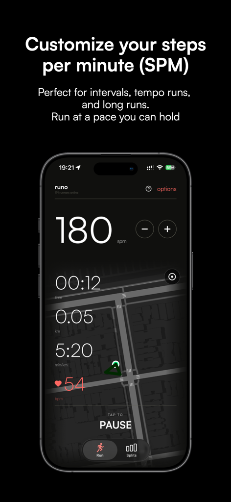 runo - Metronome for Running - Interfaz de la aplicación Runo que muestra la cadencia de carrera personalizada y datos de entrenamiento en tiempo real