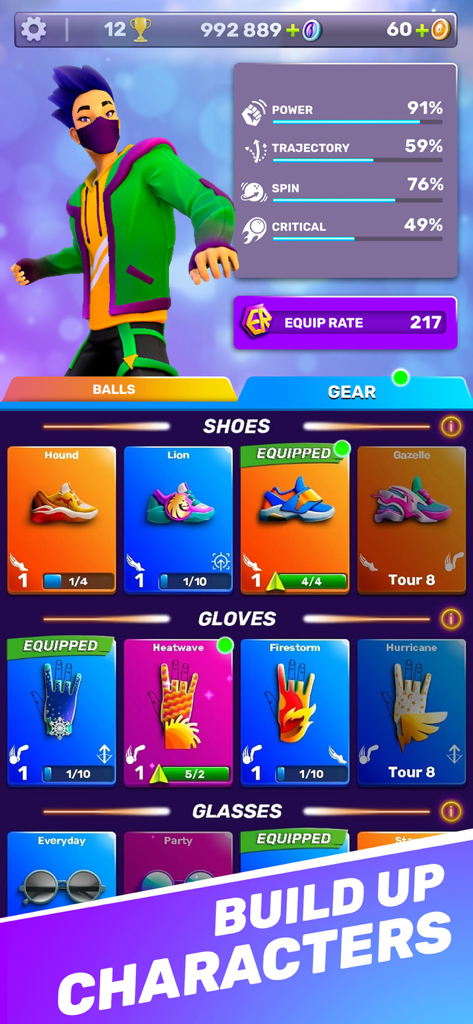 Character customization screen in Bowling Clash showing gear options and player stats