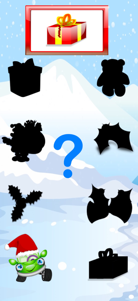 Car Match 2026 - Traffic Jam - Toddler matching puzzle with Christmas gift silhouettes and a cartoon car in a winter landscape