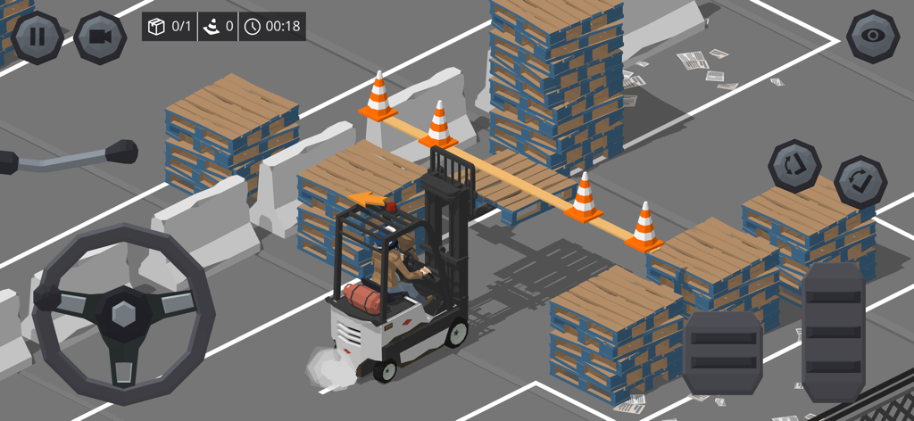 Forklift Extreme Simulator 2 - Un carrello elevatore bianco naviga attraverso un magazzino con pile di pallet di legno e coni stradali in un gioco di simulazione 3D